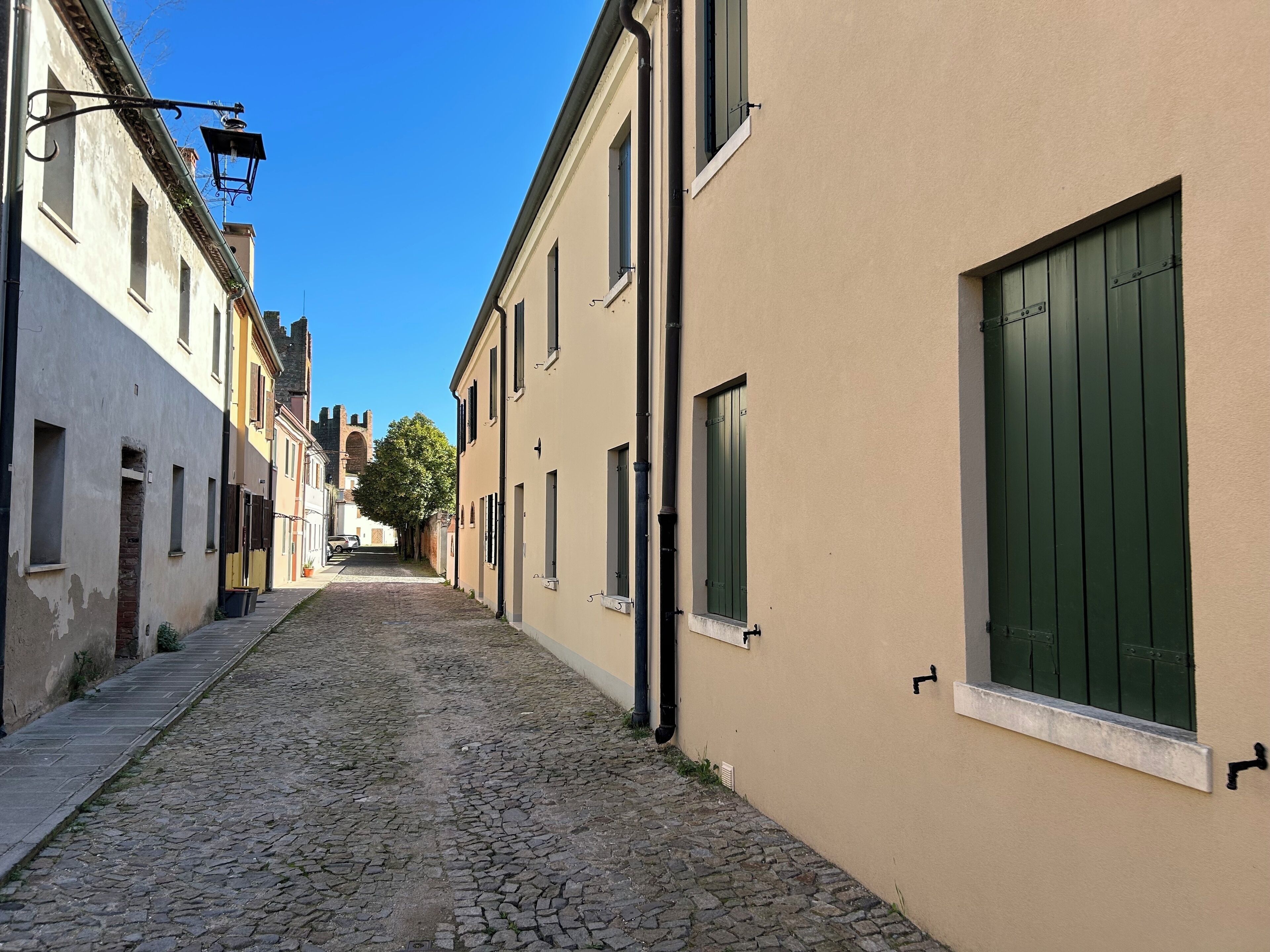 Un carrer empedrat i estret, flanquejat per edificis amb persianes i un fanal.