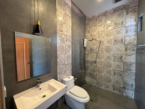 Shower, hair dryer, towels