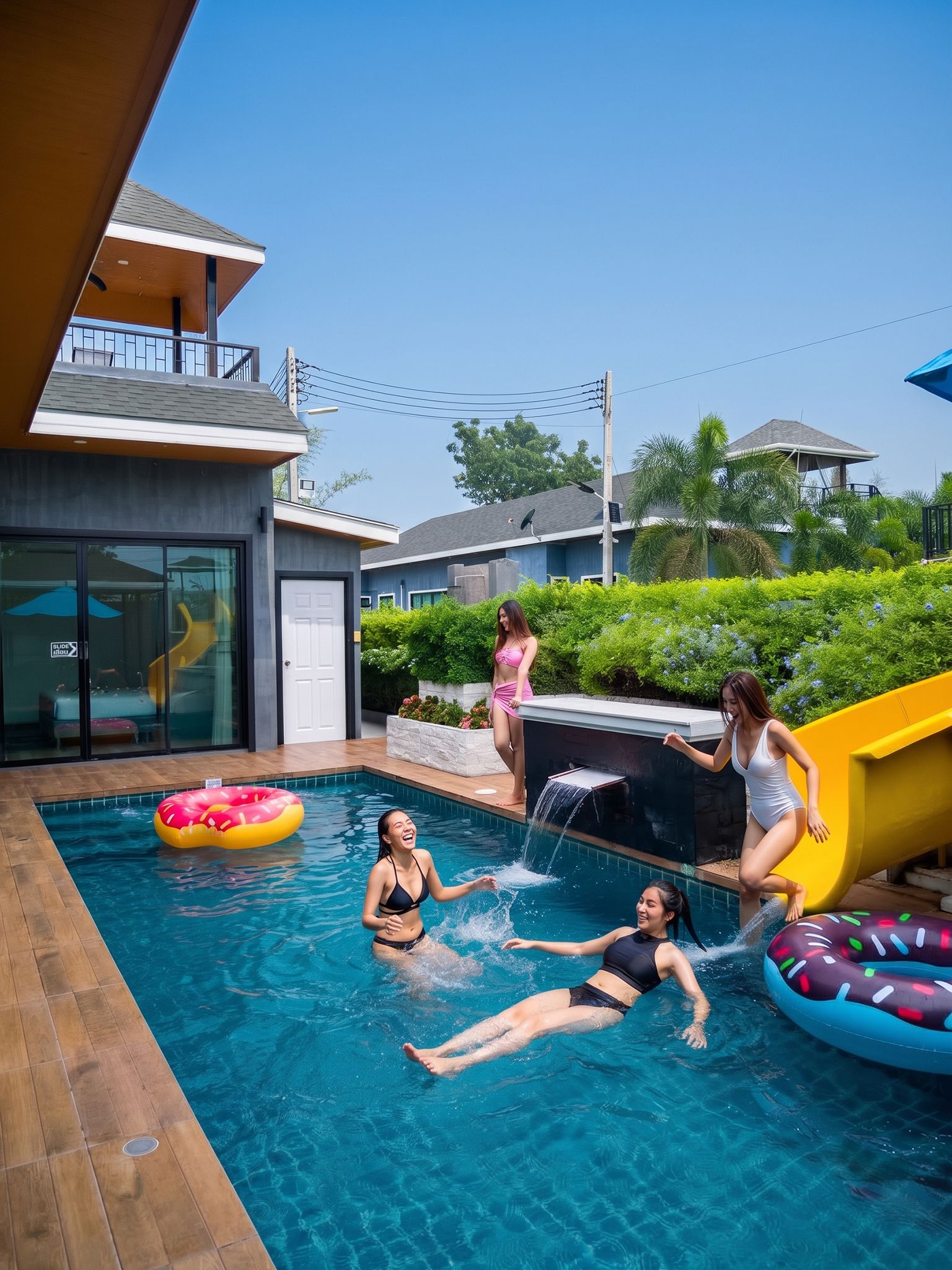 A swimming pool with a slide, a water feature, and a covered area with a roof.
