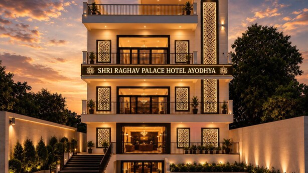 A modern hotel with a prominent entrance, multiple balconies, and decorative panels. - Shri Raghav Palace Hotel Ayodhya (Faizabad)