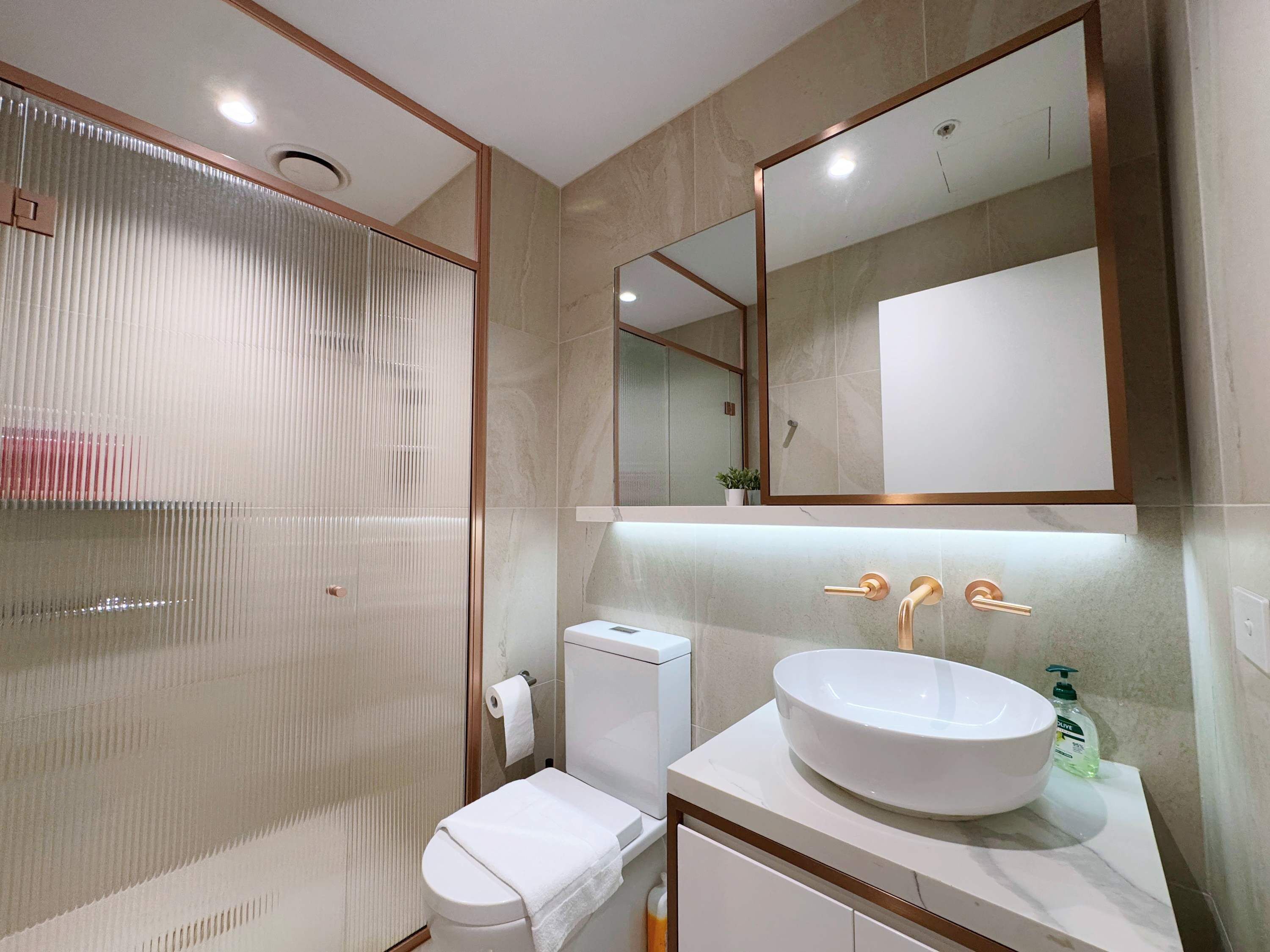 Shower, hair dryer, towels, shampoo