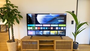 A flat-screen TV on a wooden stand with a TV menu interface, flanked by two potted plants. - Spreewald courtyard - south side with terrace (Unterspreewald)