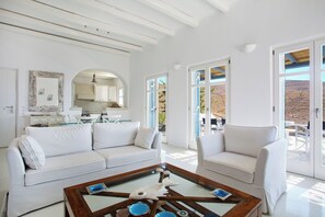 Villa, Sea View | Living area | 42-inch Smart TV with digital channels, fireplace, printers - Mv Kythnos (Kithnos)