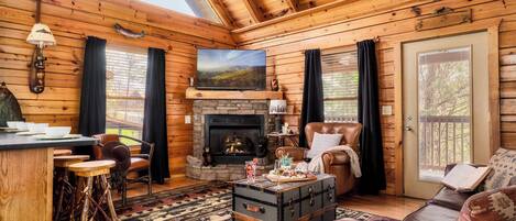 Fernseher, Kamin, Bücher, Stereoanlage