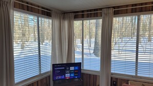 Una habitación con una televisión sobre un mueble bajo, ventanas amplias con persianas y vistas a un paisaje nevado.
