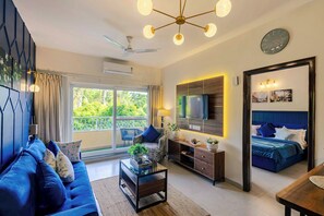 Apartment, 1 Queen Bed, Balcony, Pool View | Living area | Flat-screen TV - Alaya Stays Veera Marina 1BHK with Pool (Candolim)