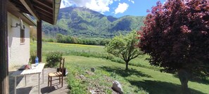 A patio with a table and chairs, a tree, and a mountain view.