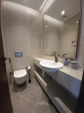 Regadera, secadora de cabello, bidet, toallas 