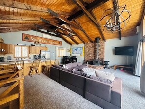 Smart TV, fireplace, books