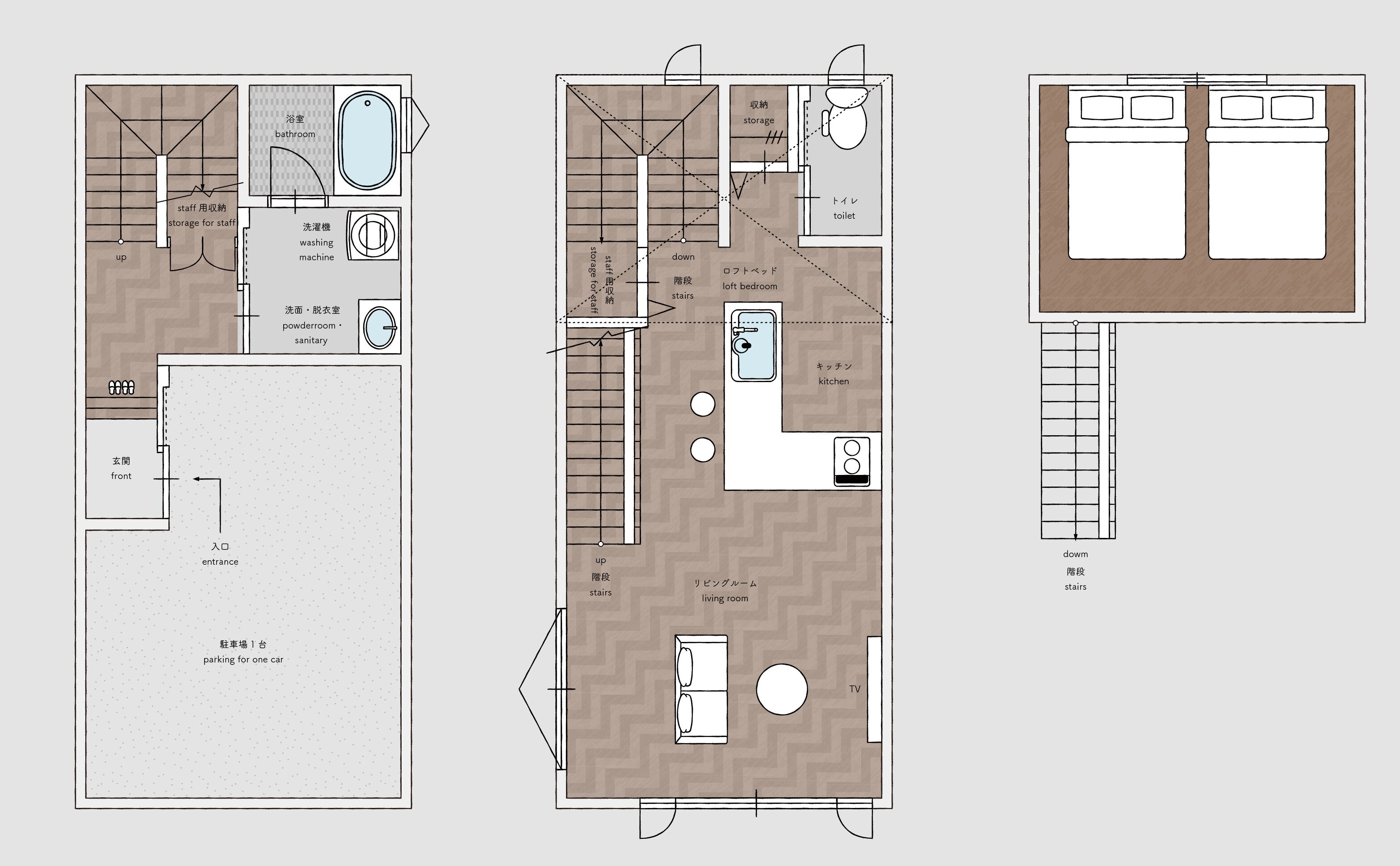 A hotel layout with a parking area, a powderroom, a bathroom, a kitchen, and a living room.