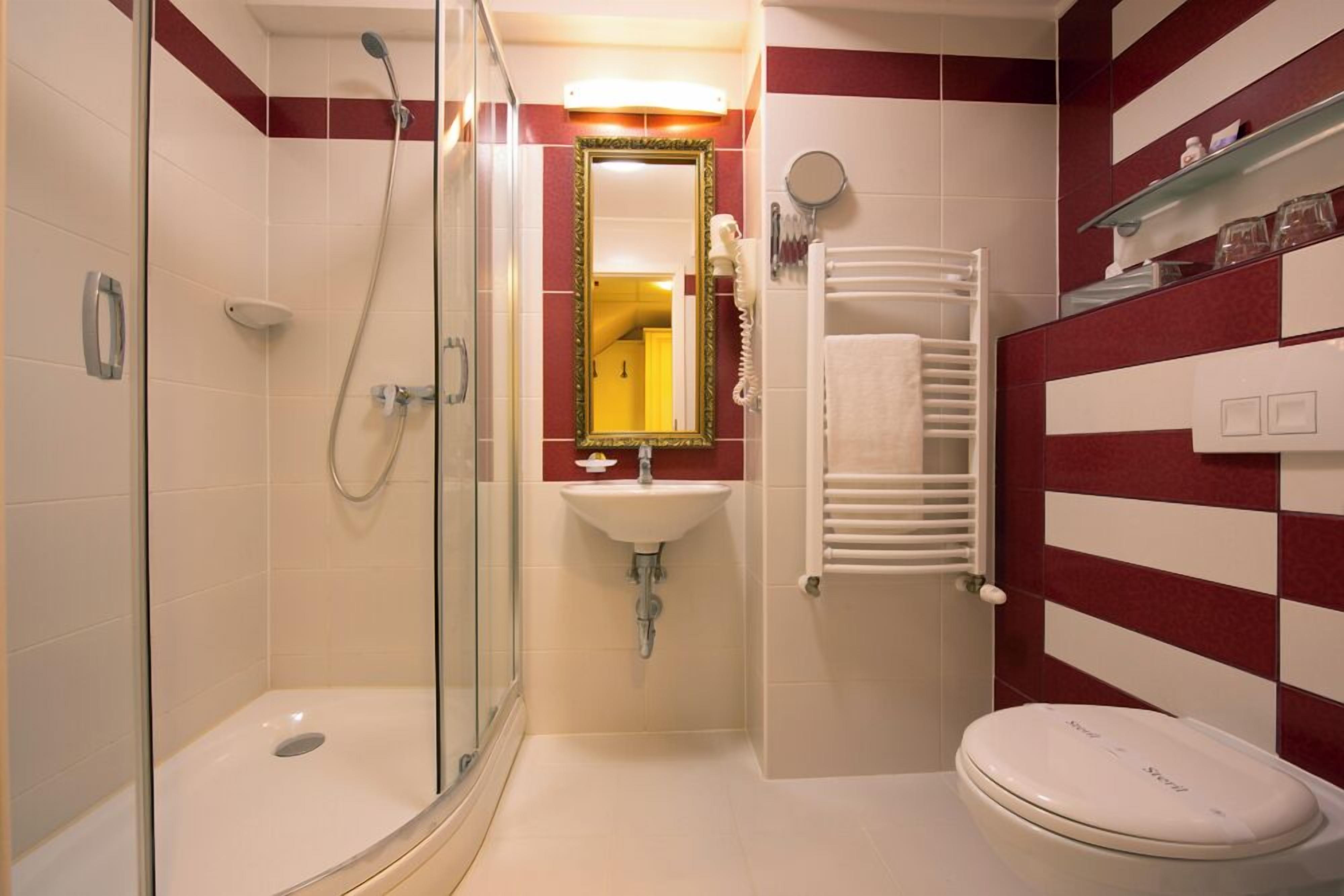 Un baño con ducha de vidrio, lavabo blanco, espejo, toallero y retrete.