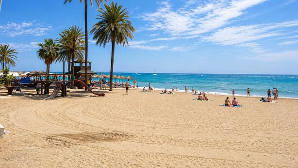 A beach with palm trees, a lifeguard tower, and people sunbathing. - Marbella Old Town - pedestrian area - walk to beach (Marbella)