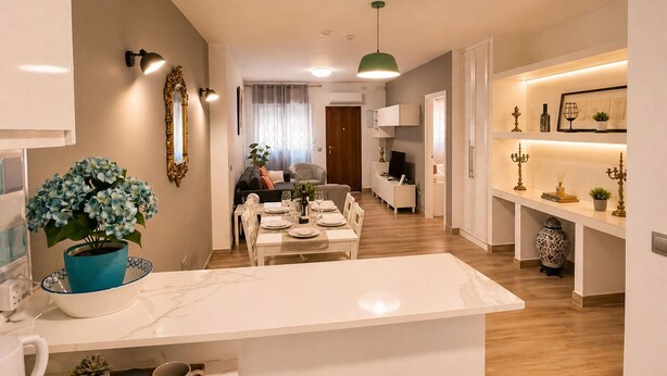 Une cuisine moderne avec un coin repas, un couloir menant au salon et une petite table à manger mise avec des assiettes et des verres.
