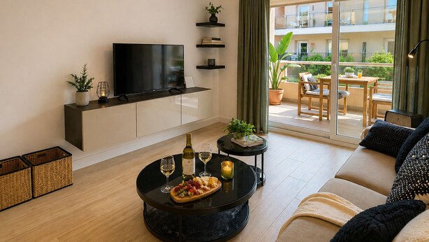 A modern living room with a flat-screen TV, a round coffee table with snacks and drinks, a sofa, and a balcony with outdoor furniture. - Esperanza Grand Apartments II • Marbella Centro (Marbella)