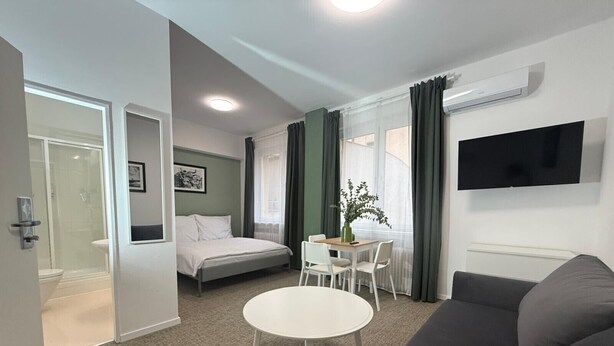 A modern hotel room with a bed, a dining table with chairs, a sofa, a TV mounted on the wall, and a shower area. - Gremium Apartments (Bratislava)