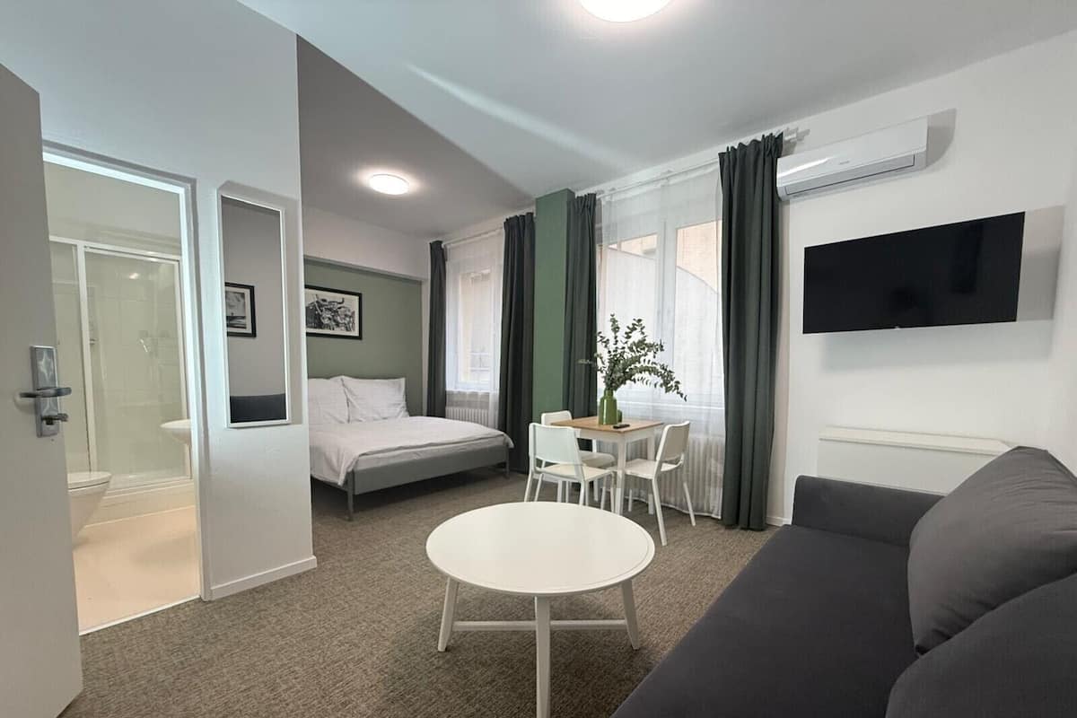 A modern hotel room with a bed, a dining table with chairs, a sofa, a TV mounted on the wall, and a shower area.