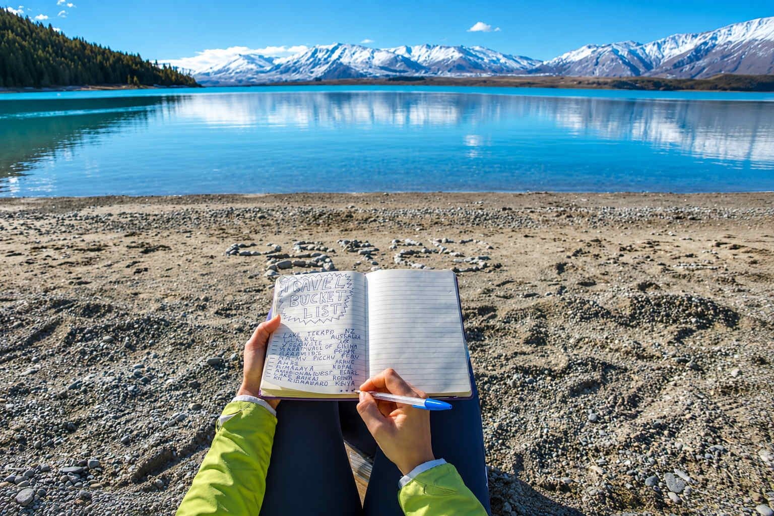 A person sitting on a rocky shore with a notebook, writing.