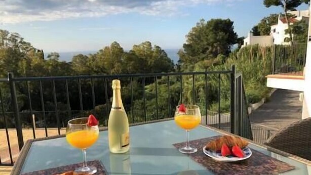 A table with a bottle of champagne, two glasses of orange juice, and a plate with croissants and strawberries on a balcony overlooking a scenic landscape.
