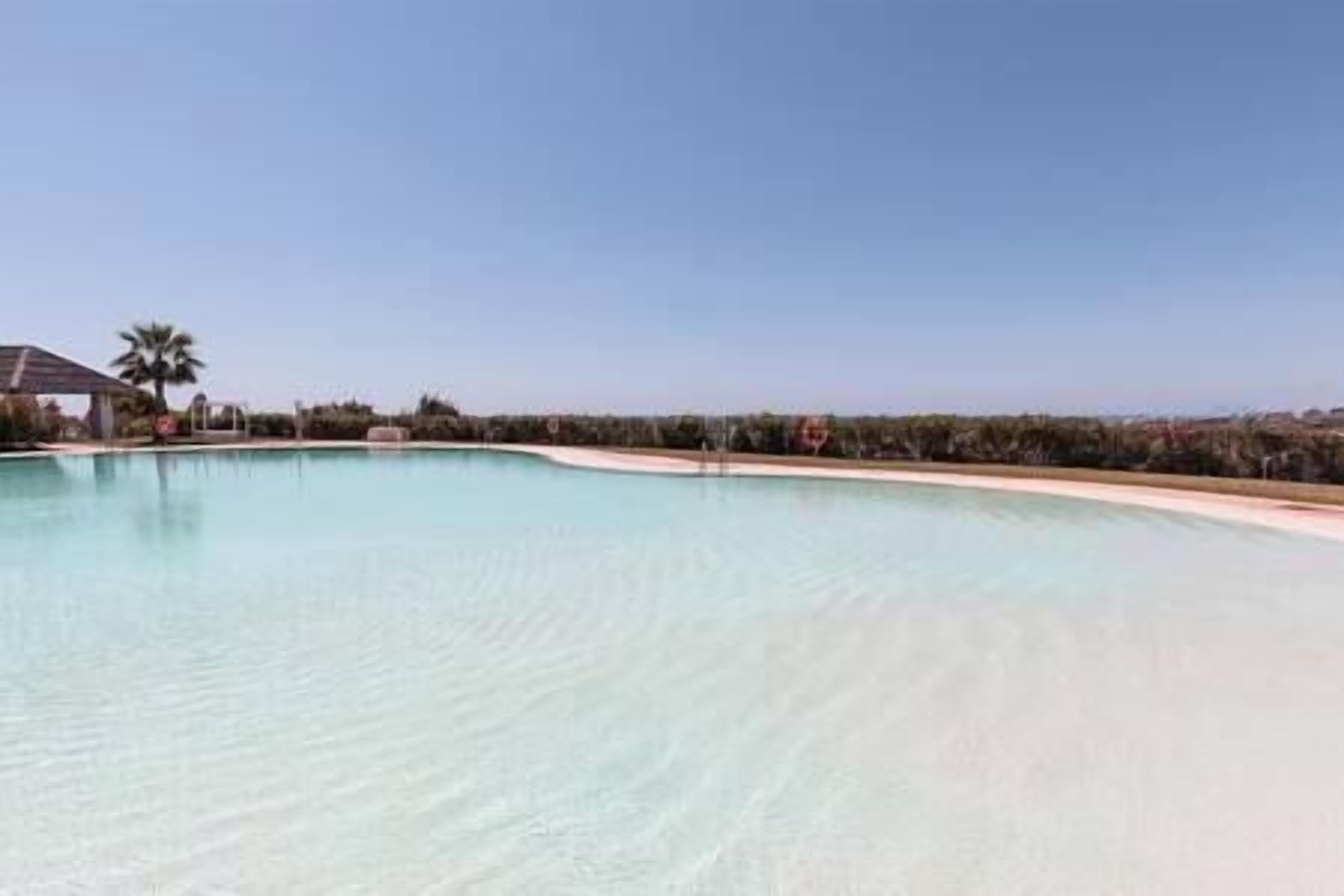Una grande piscina trasparente con bordo sabbioso, circondata da un muretto e palme.