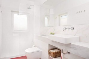 Douche, sèche-cheveux, serviettes fournies