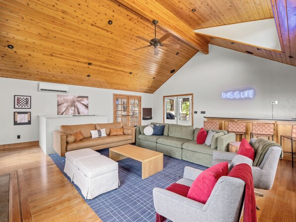 Smart TV, fireplace, books