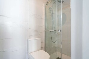 Douche, sèche-cheveux, serviettes fournies, shampoing