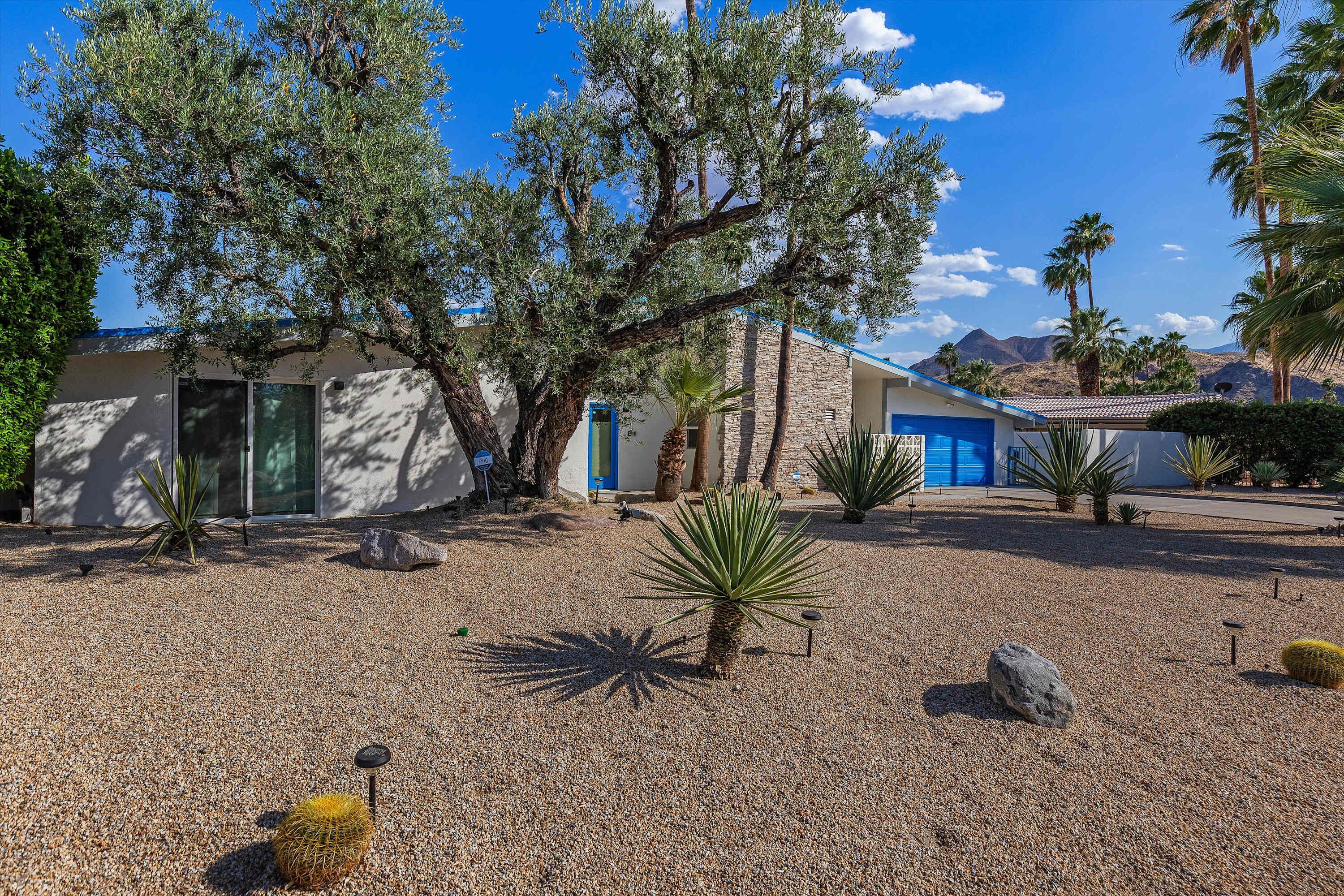 Un bâtiment de style désertique avec une porte de garage bleue, entouré de cactus et d’un palmier.