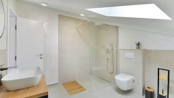 Secadora de cabello, toallas, jabón, papel de baño