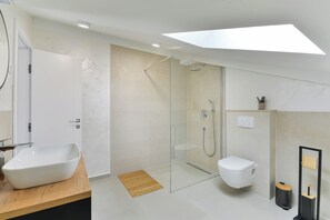 Hair dryer, towels, soap, toilet paper