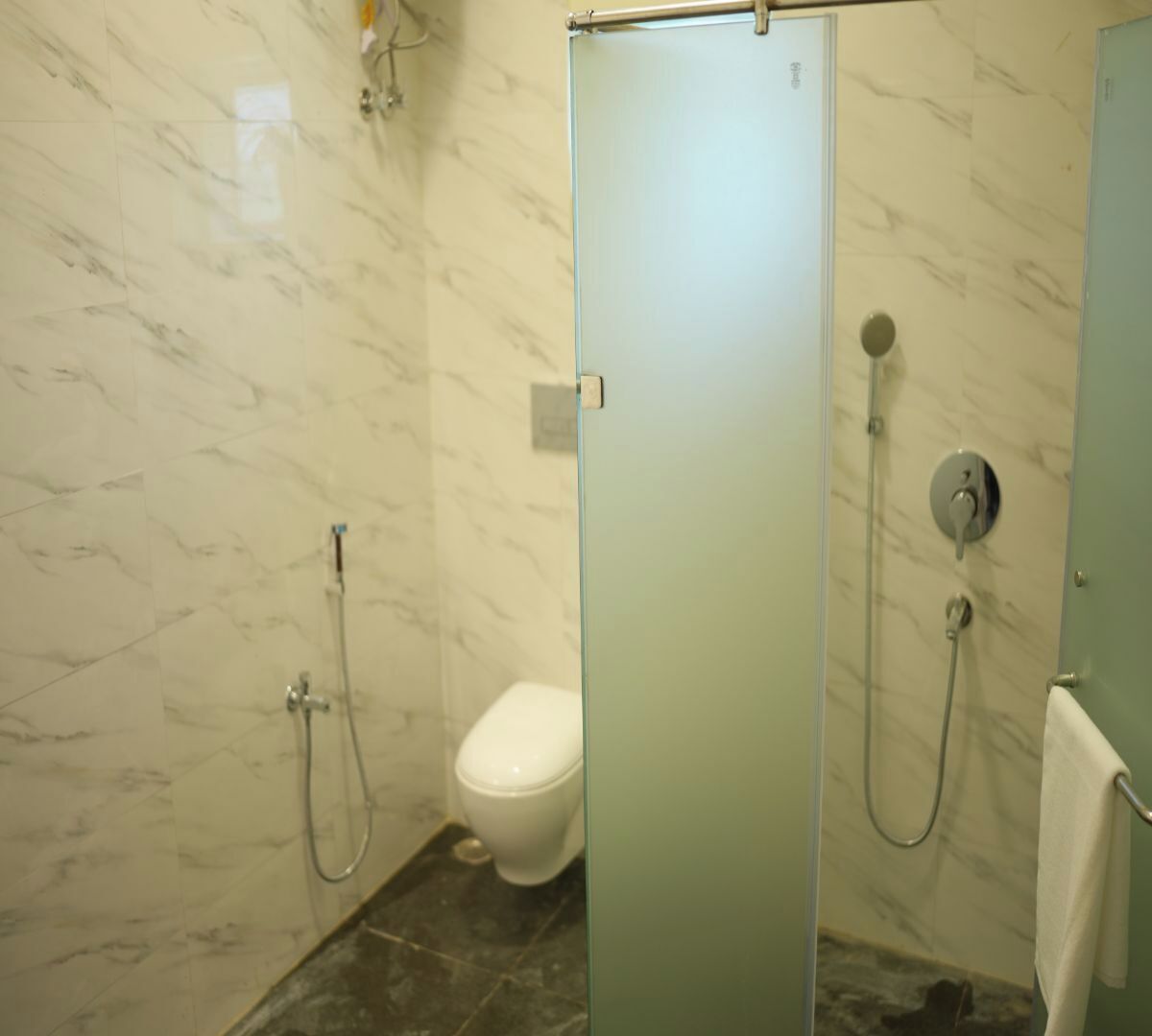 A bathroom with a toilet, a glass-enclosed shower, and a towel rack.