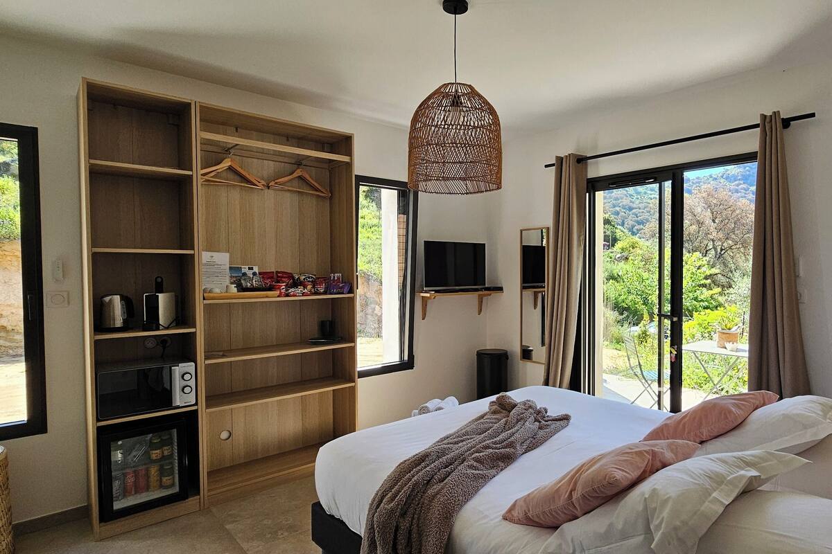 Een slaapkamer met een groot bed, een garderobe, een televisie en uitzicht op groen.