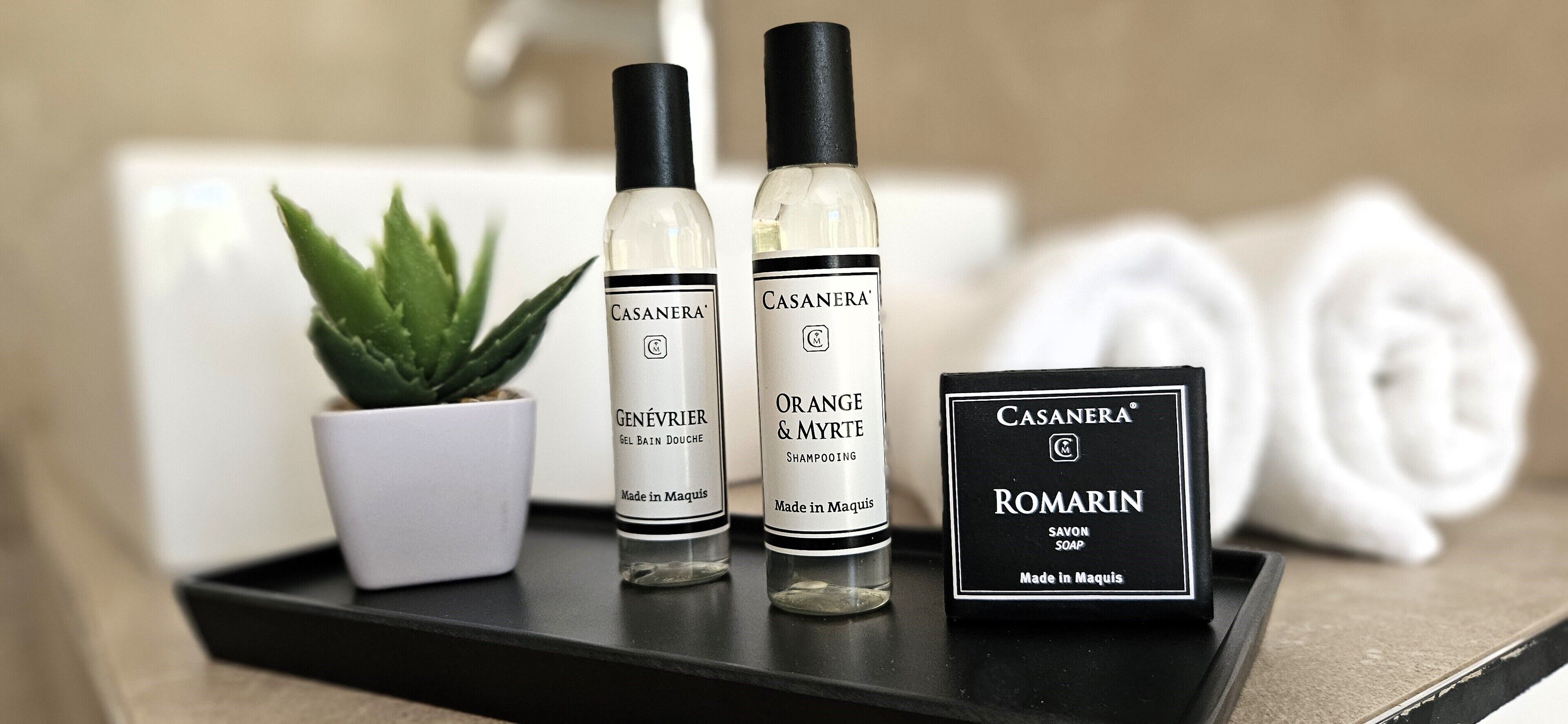 Ein Badezimmer-Waschtisch mit drei Flaschen Casanera-Produkten, einer Topfpflanze Aloe Vera und einem gefalteten Handtuch.