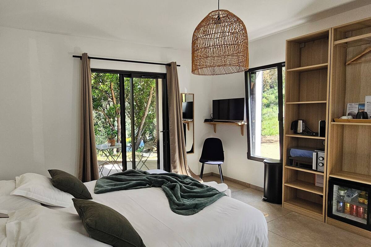 Een slaapkamer met een bed, een televisie, een boekenkast en een groot raam.