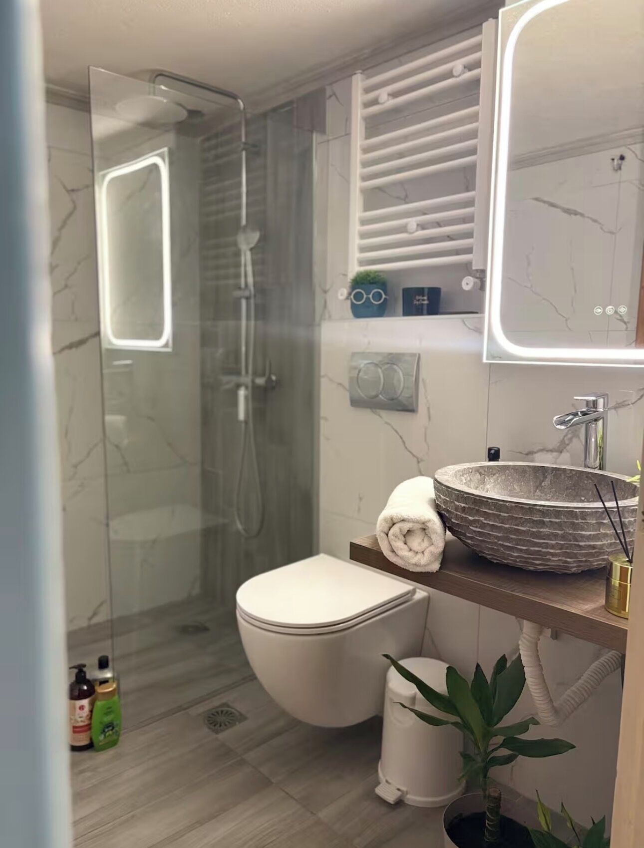 Hair dryer, towels, soap, shampoo