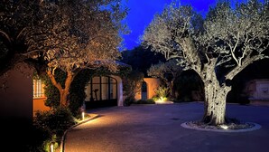 A well-lit courtyard with trees and a building featuring arched windows and a gated entrance.
