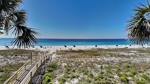 Une plage avec une promenade en bois menant au rivage, des palmiers et un ciel bleu clair.