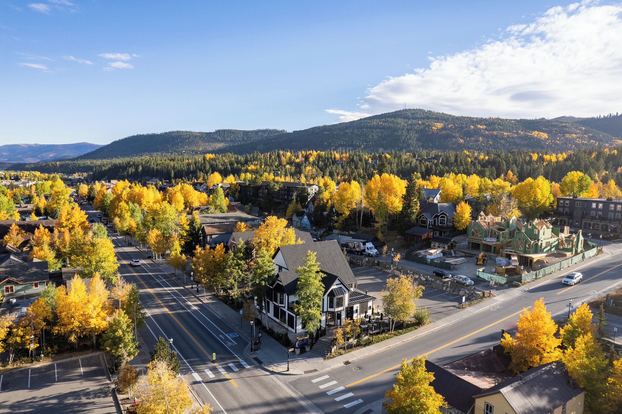 Une ville où les arbres arborent les couleurs de l’automne, avec une rue principale et un bâtiment remarquable surmonté d’un toit végétalisé.