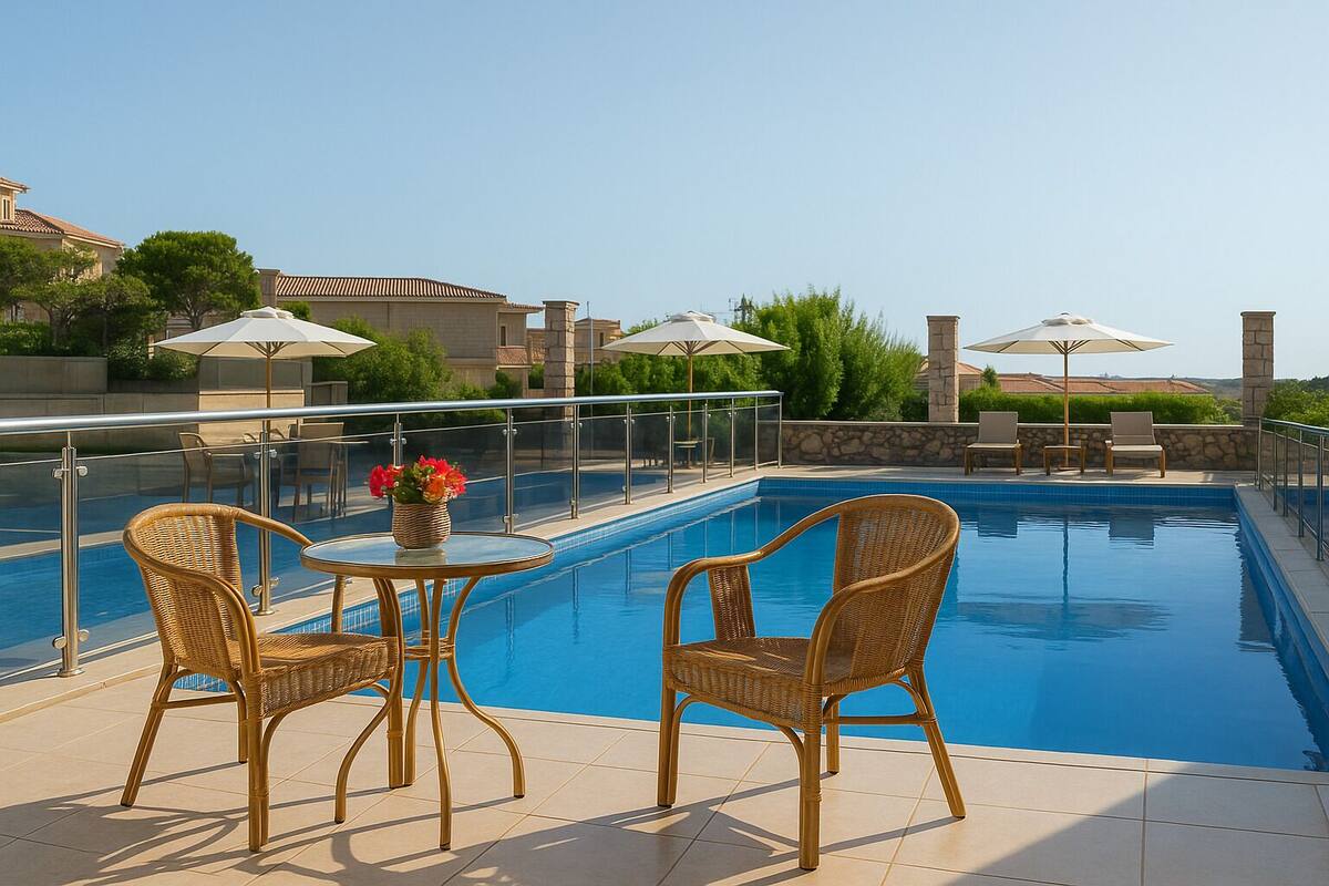 A poolside area with wicker chairs and a table, a clear blue pool, and umbrellas.