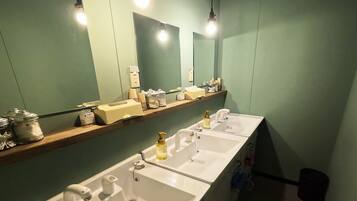 Shower, hair dryer, slippers, towels