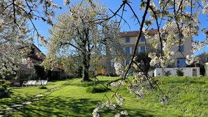 A garden with blooming trees, a lawn, and a building in the background. - La Maison des Monts d'or (Saint-Germain-au-Mont-d'Or)