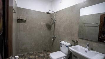 Shower, towels, soap, toilet paper