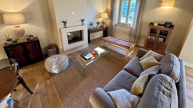 A cozy living room with a fireplace, a sofa, a coffee table, and a bookshelf. - Villa 16 (Bagno A Ripoli)