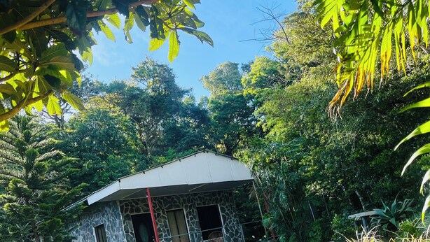 Una casa in pietra con tetto spiovente, immersa nel verde e circondata da un giardino curato con rocce e piante.