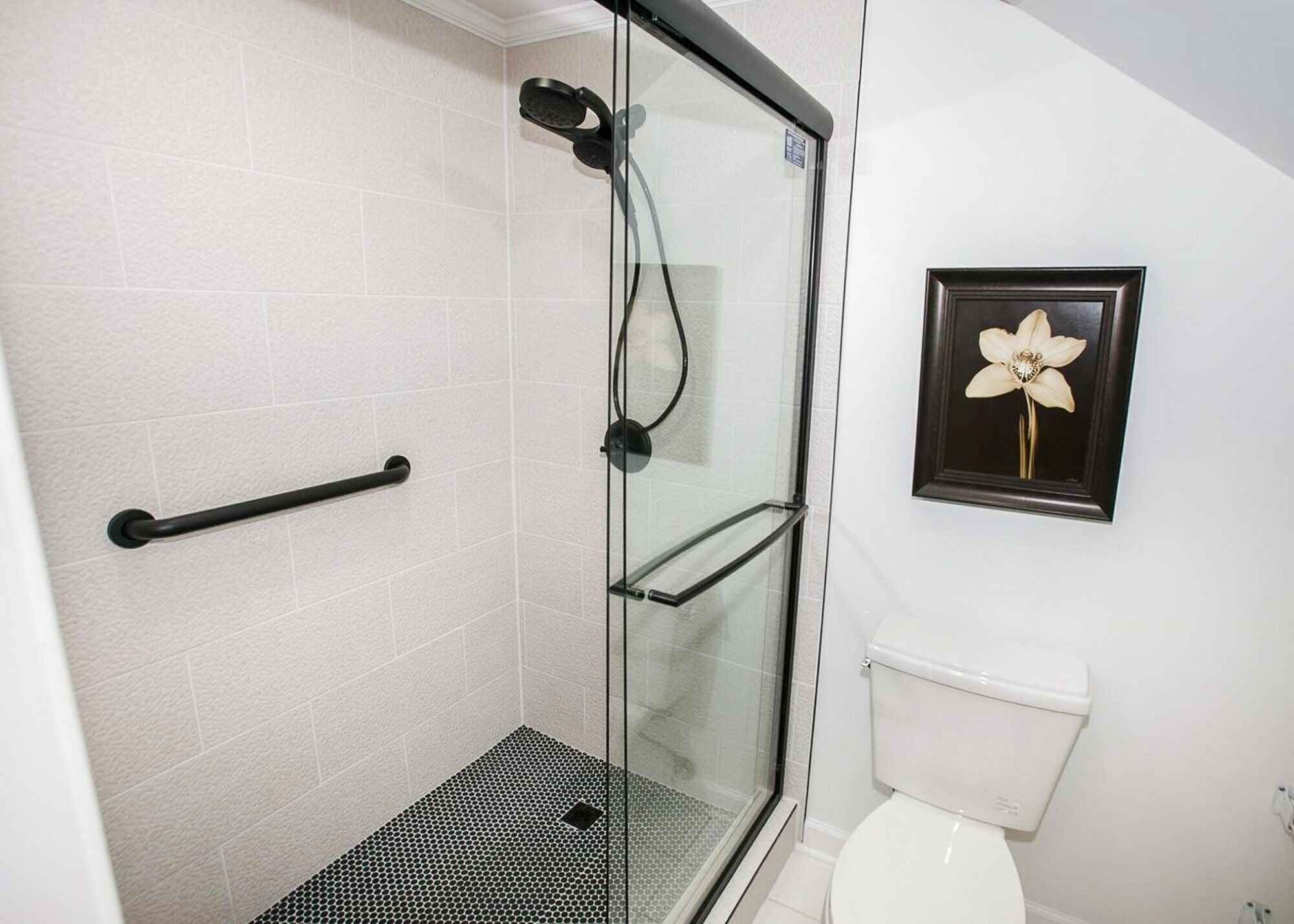 A modern bathroom with a glass-enclosed shower, a toilet, and a framed picture on the wall.