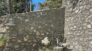 A stone wall with a statue of a figure reaching upwards, a small pond with lily pads, and a stone turtle sculpture. - Evelyn's Pool Garden (Forio)