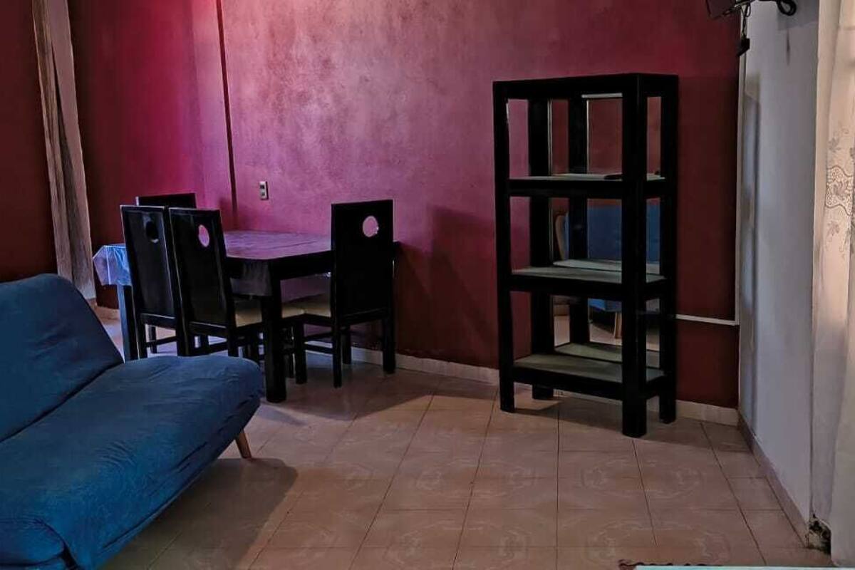 Una habitación con un sofá azul, una silla de madera, una mesita pequeña y una alta estantería de madera.