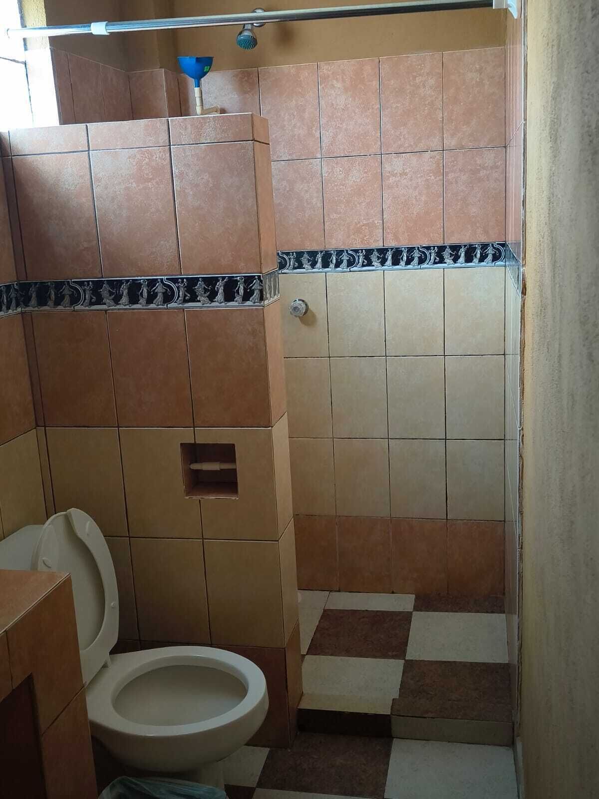 Un baño con inodoro, ducha y lavabo.