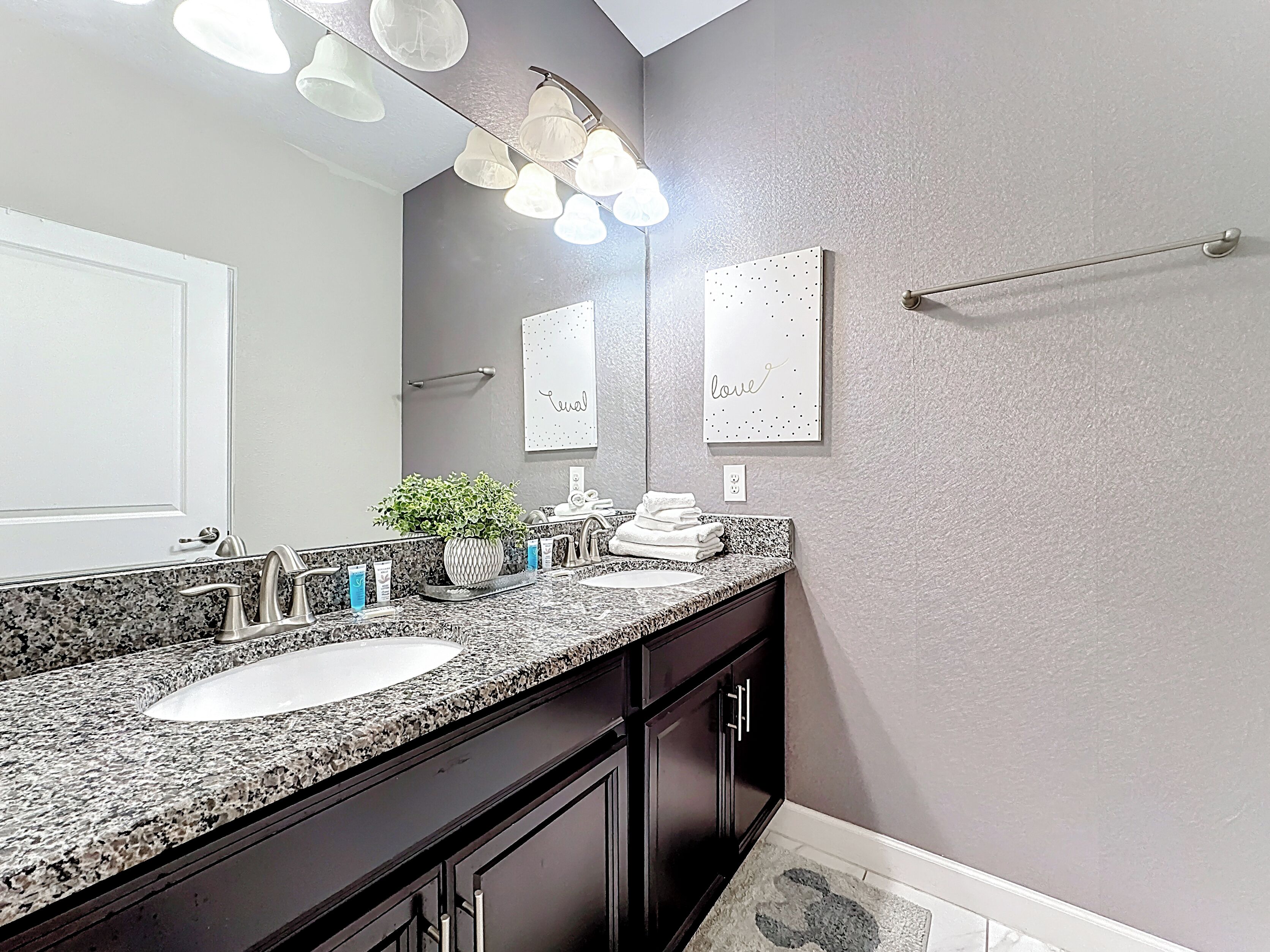 A bathroom with two sinks, a mirror, a potted plant, and a towel rack.