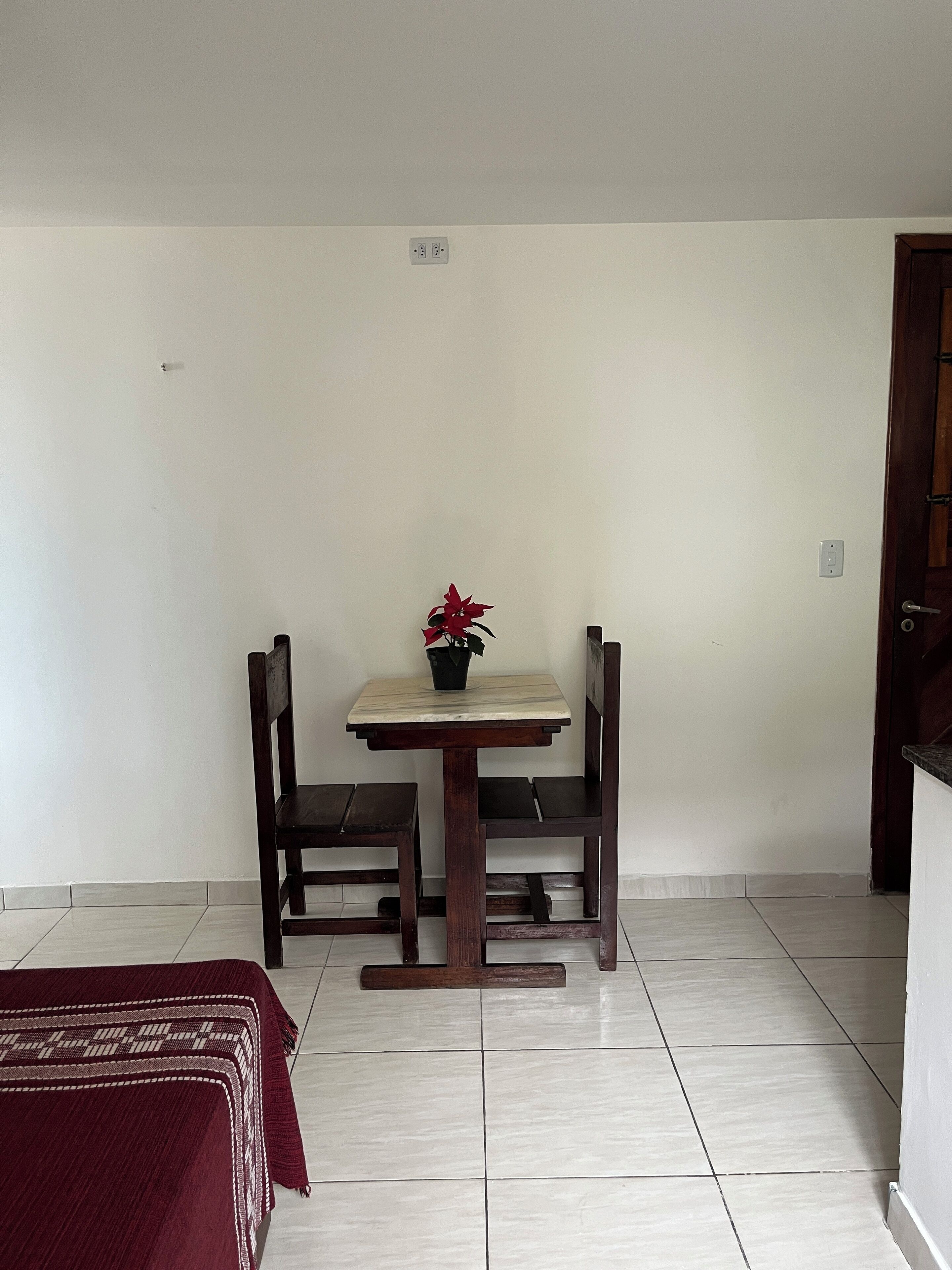 A dining area with a table and chairs, a potted plant, and a bed with a patterned blanket.