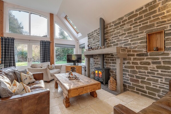 TV, fireplace, foosball, books